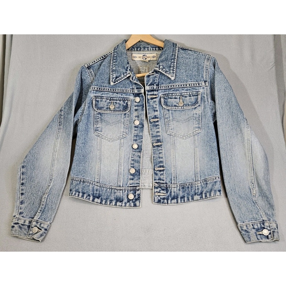 VTG Best World Brand Denim Jacket Women's L Trucker 90s Mildly Distressed